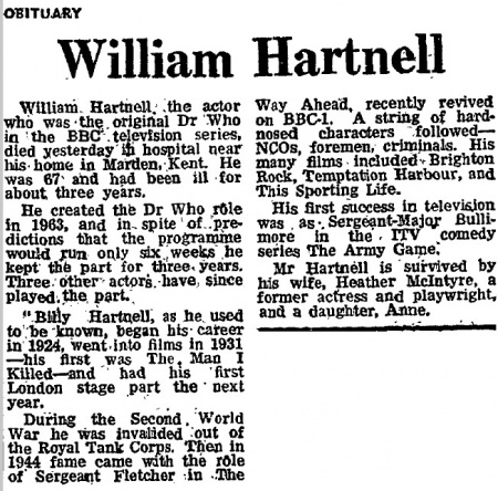 William Hartnell obituary (The Guardian) - The Doctor Who Cuttings Archive